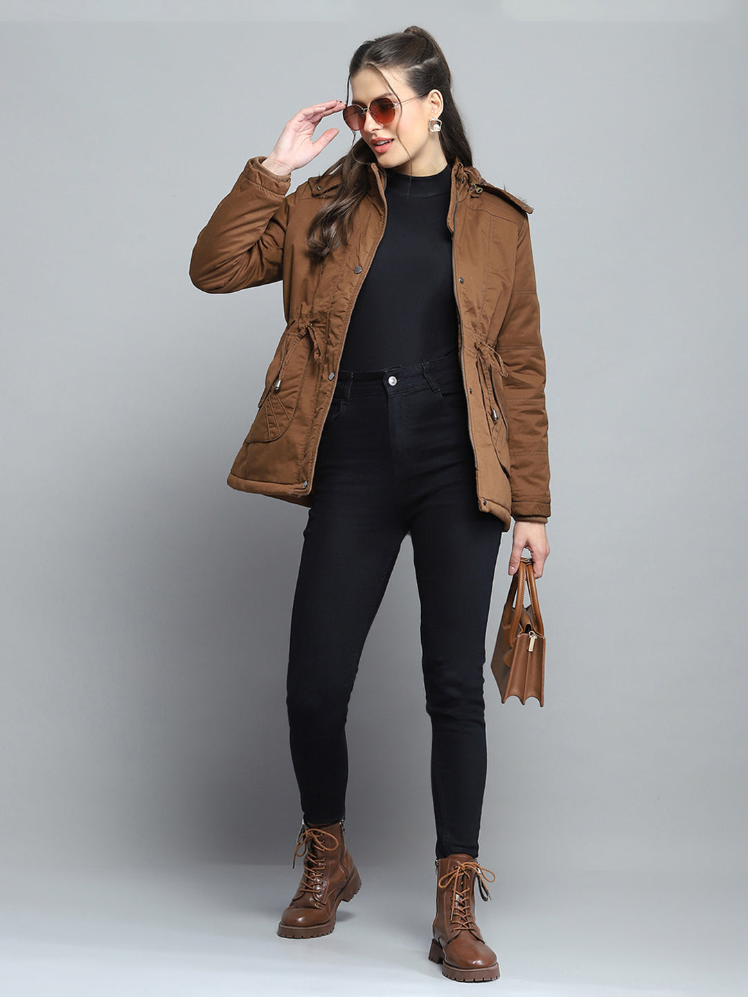 Women Brown Self Design Detachable Hood Full Sleeve Jacket