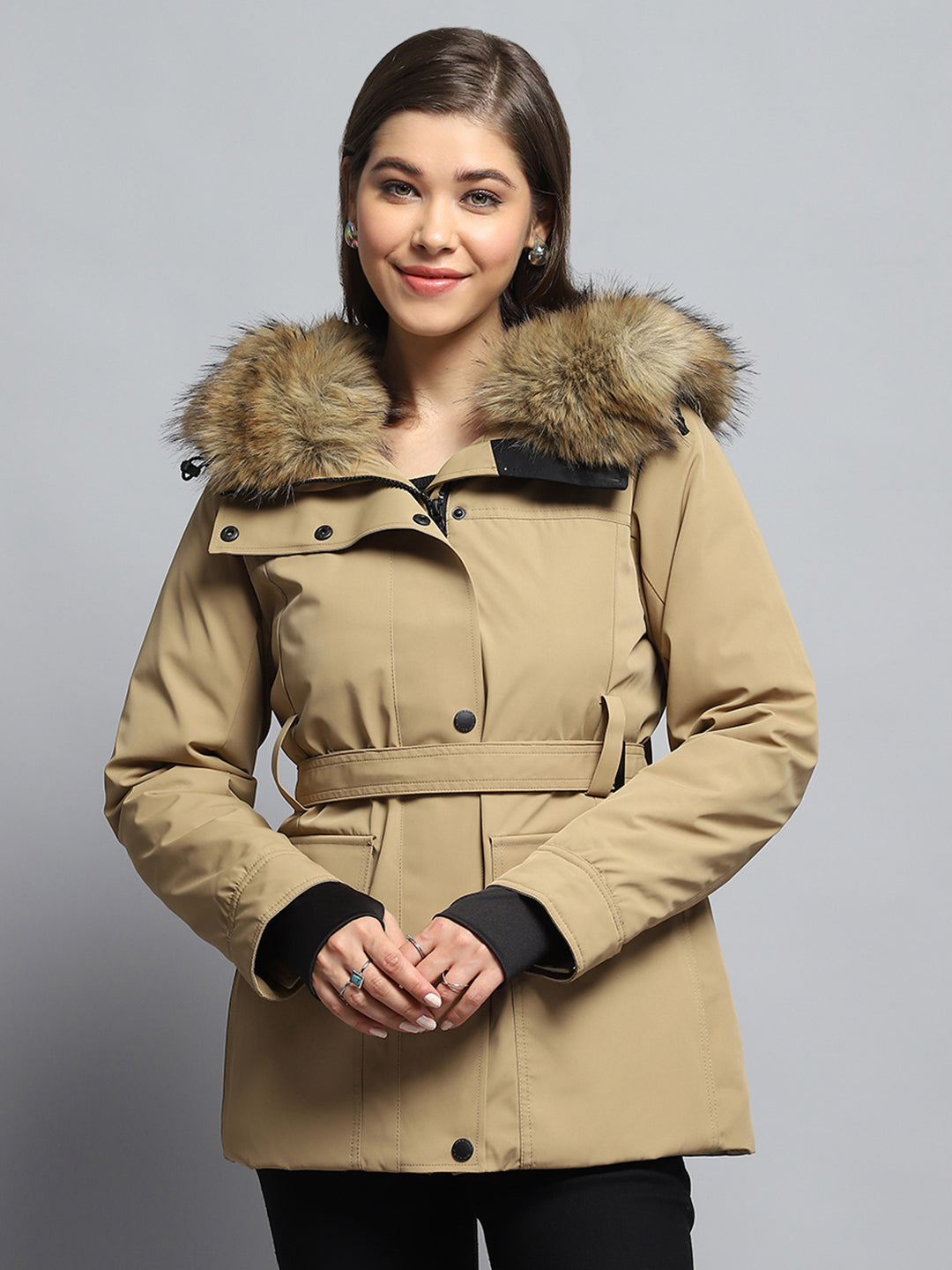 Beige Monte Carlo Ladies Winter Coat Women Khaki Solid Hooded Full