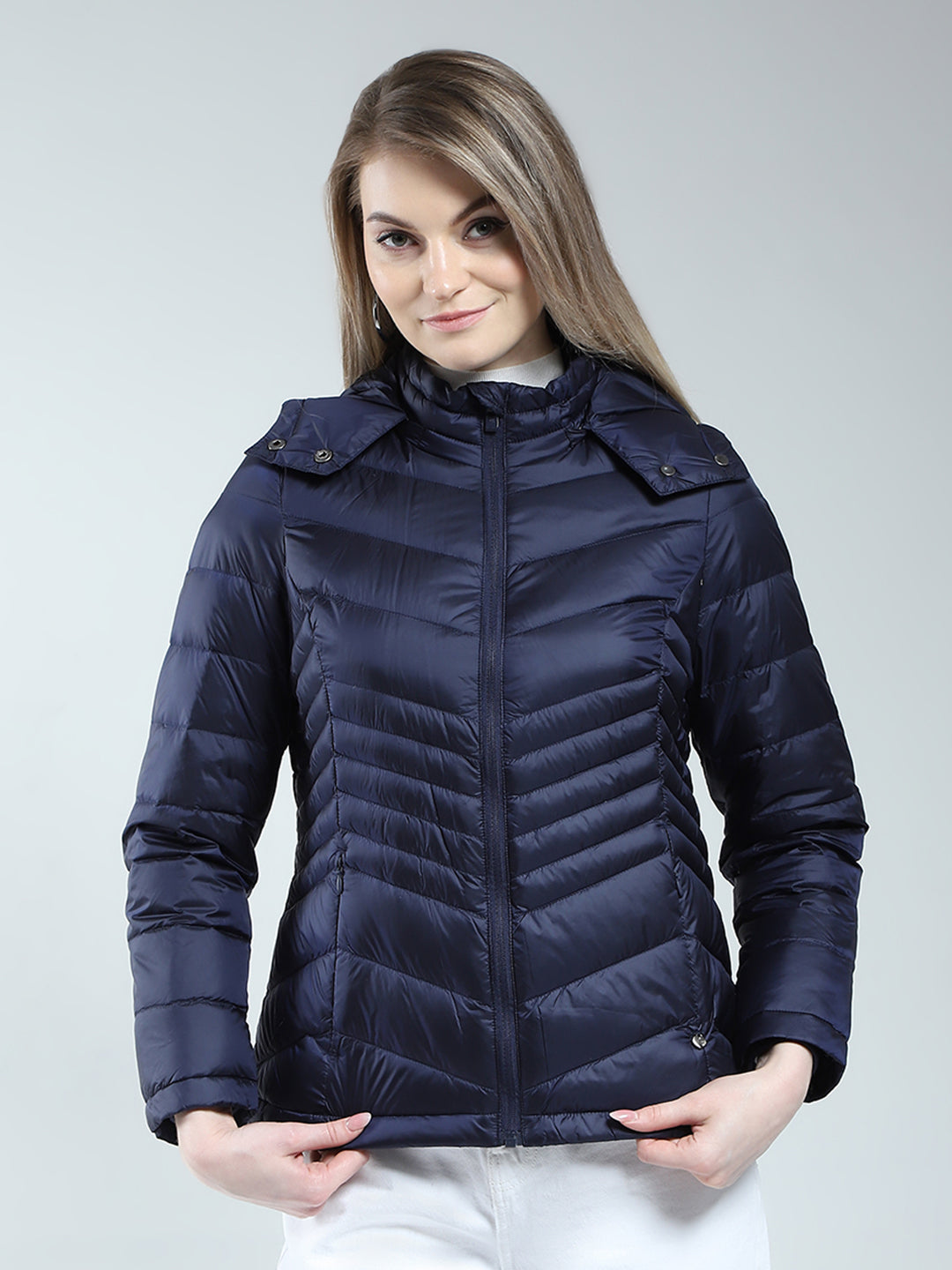 Women Navy Blue Solid Detachable Hood Full Sleeve Jacket