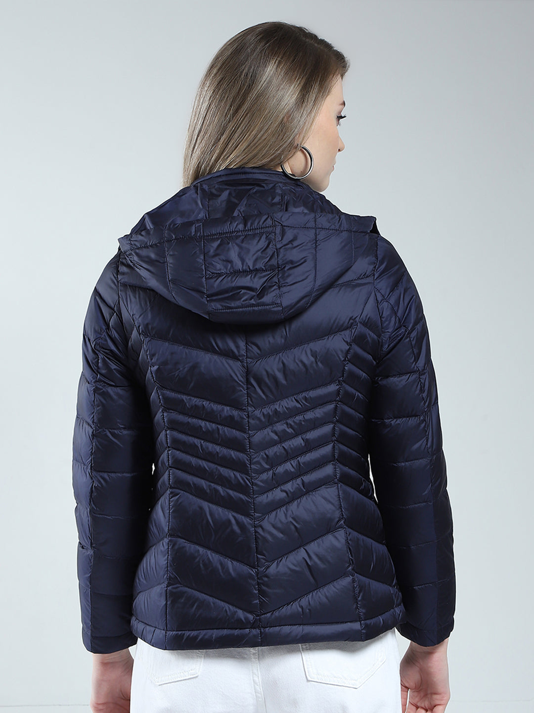 Women Navy Blue Solid Detachable Hood Full Sleeve Jacket