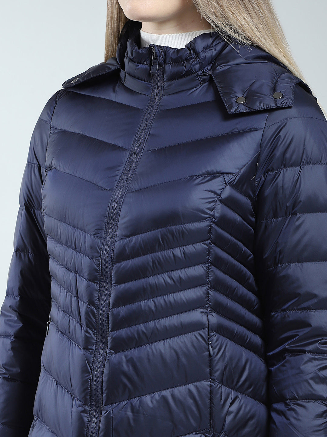 Women Navy Blue Solid Detachable Hood Full Sleeve Jacket