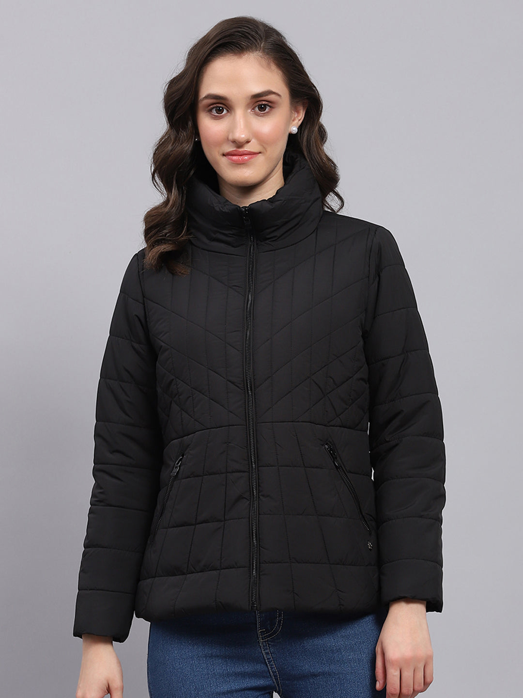 Women Black Solid High Neck Full Sleeve Heating Jacket