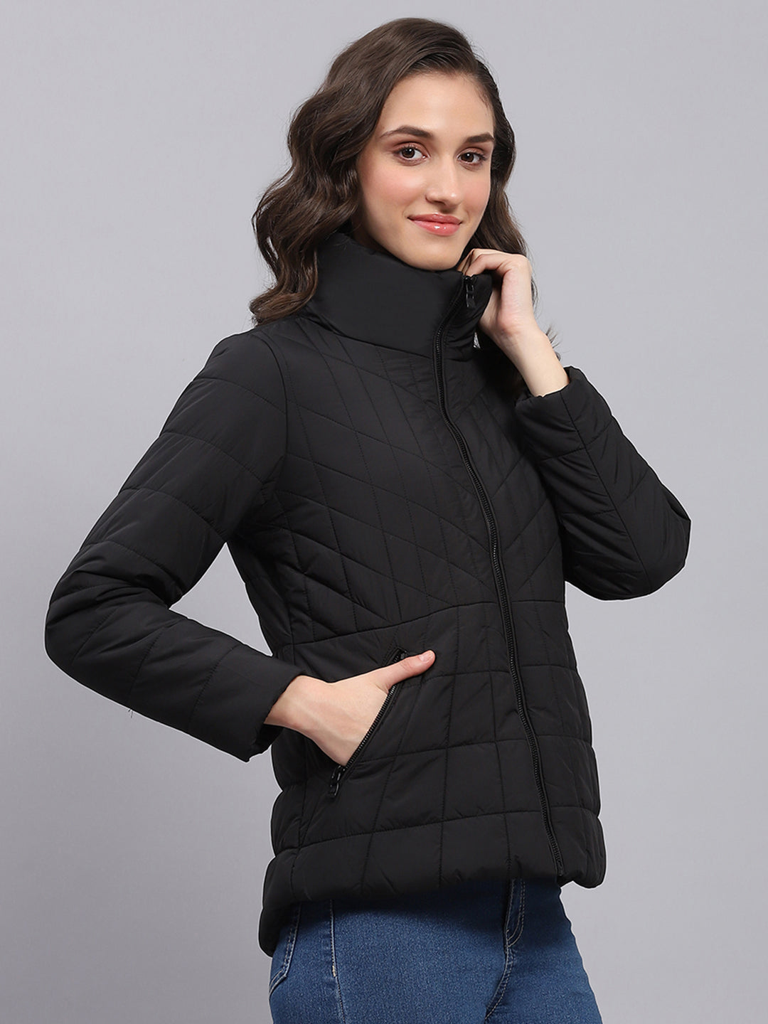 Women Black Solid High Neck Full Sleeve Heating Jacket
