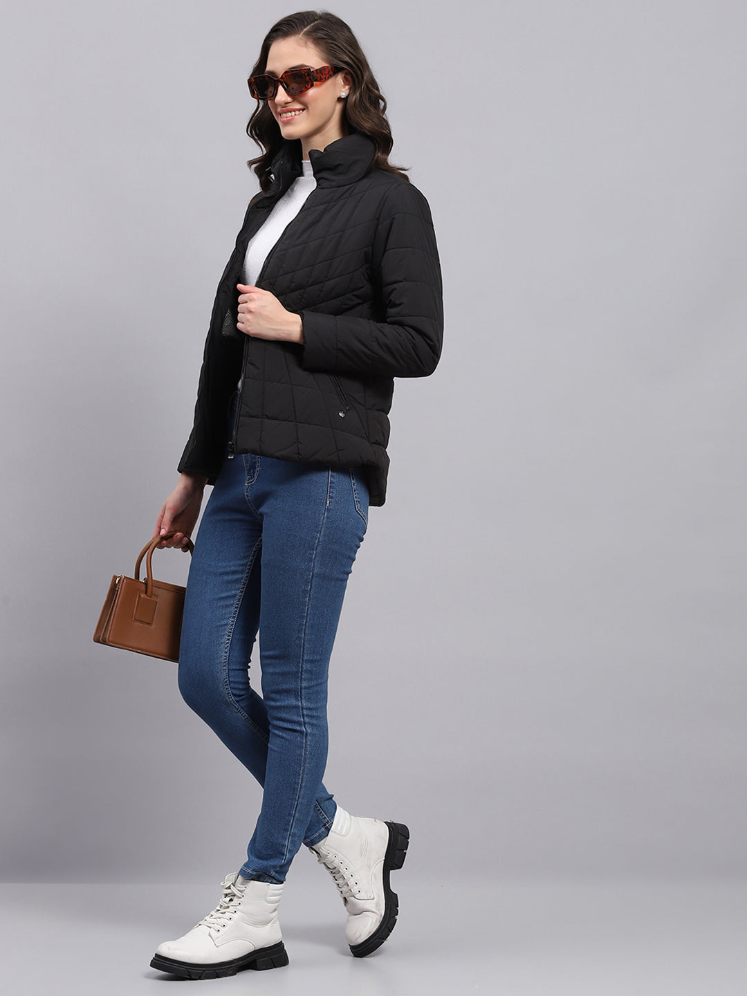 Women Black Solid High Neck Full Sleeve Heating Jacket
