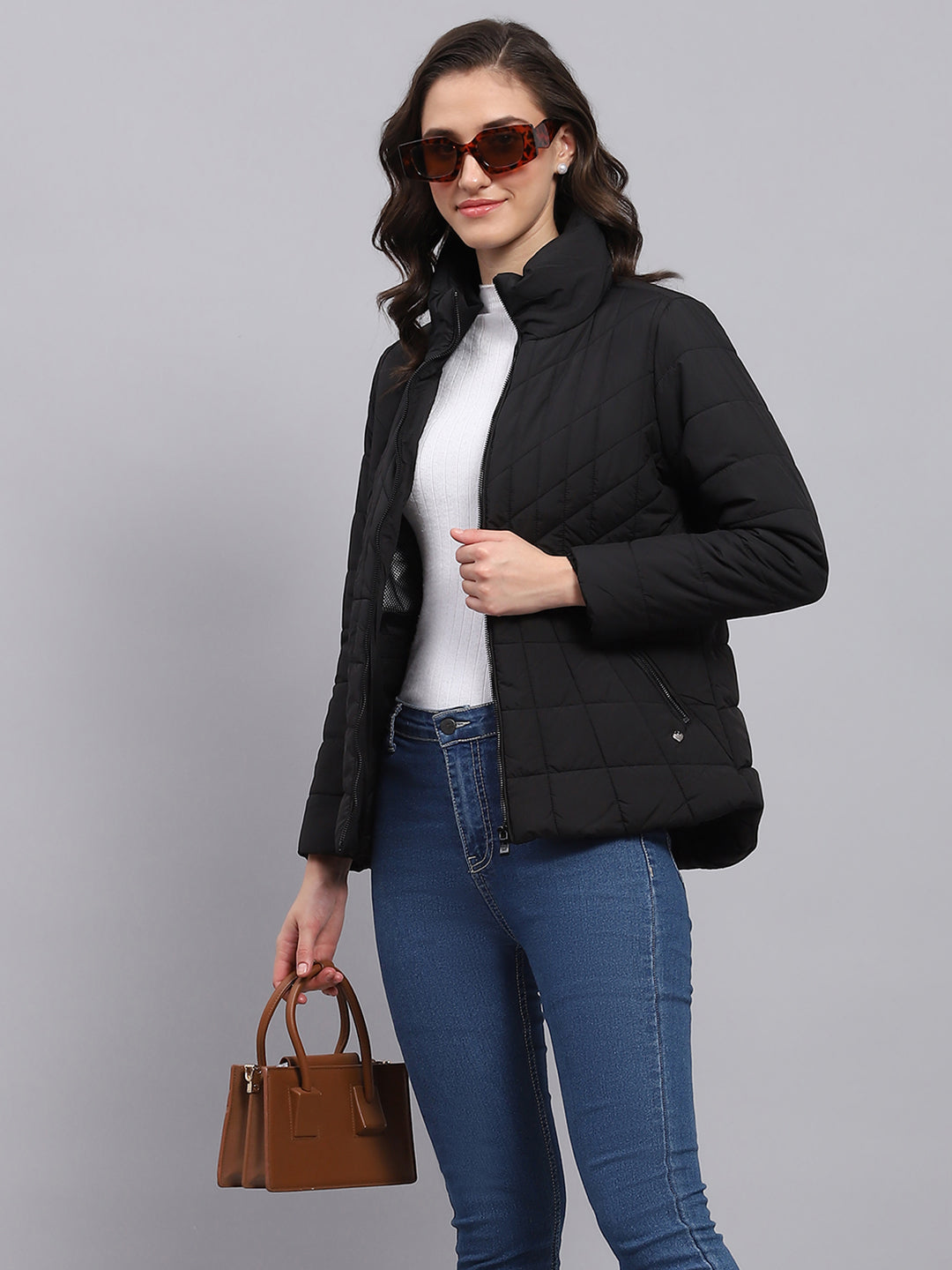 Women Black Solid High Neck Full Sleeve Heating Jacket