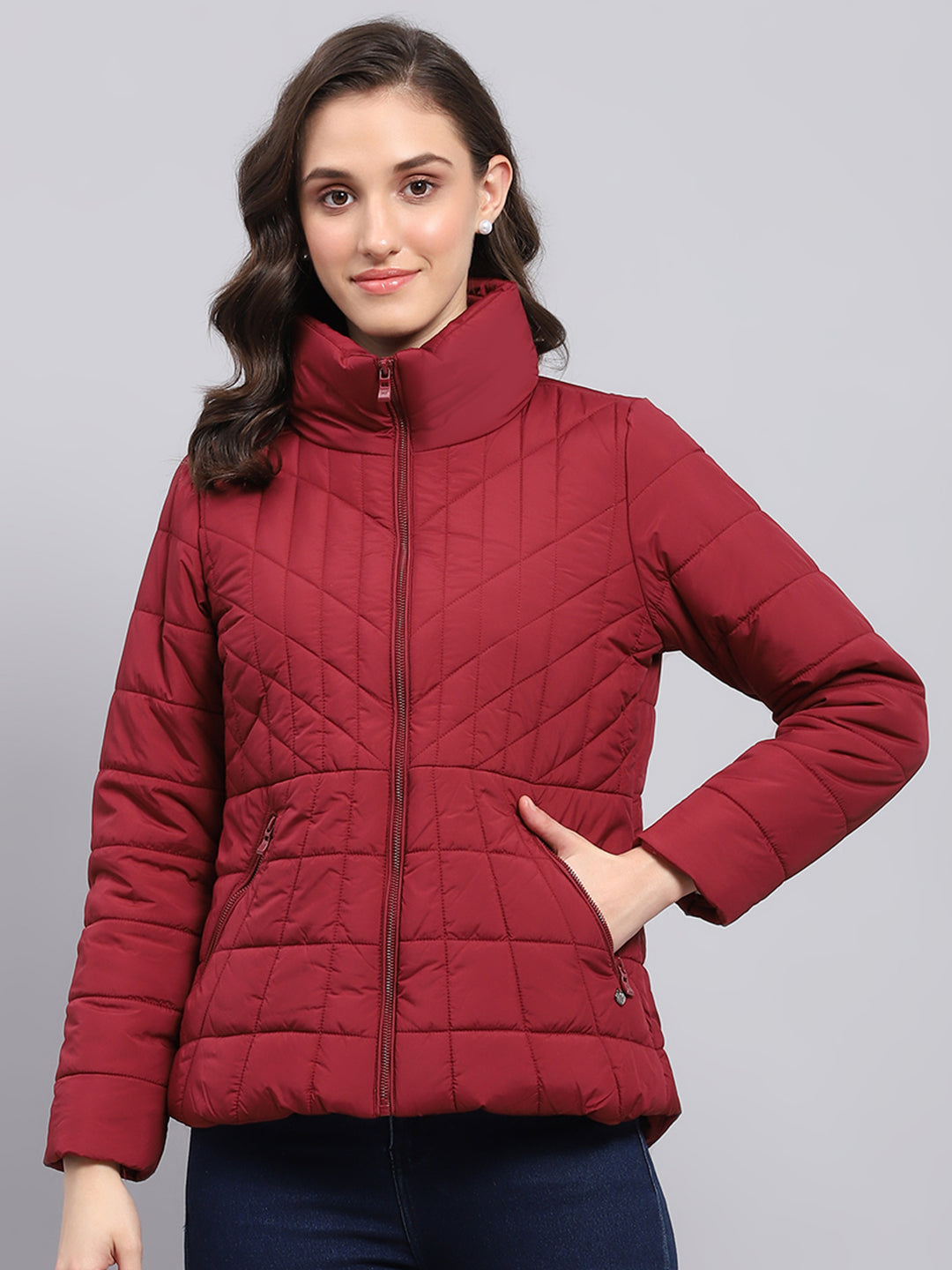 Women Maroon Solid High Neck Full Sleeve Heating Jacket