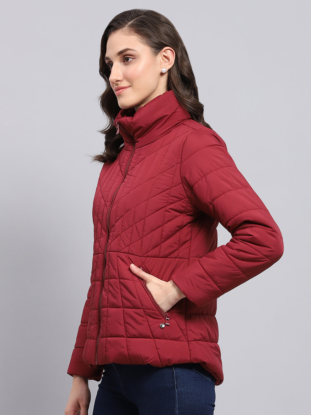 Women Maroon Solid High Neck Full Sleeve Heating Jacket