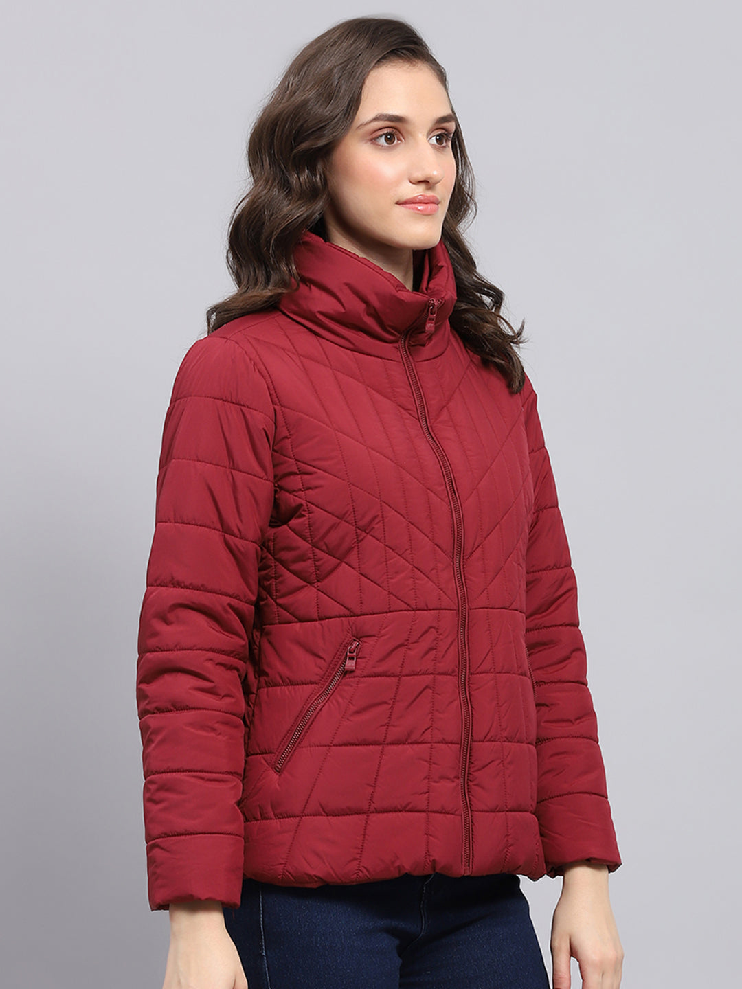 Women Maroon Solid High Neck Full Sleeve Heating Jacket