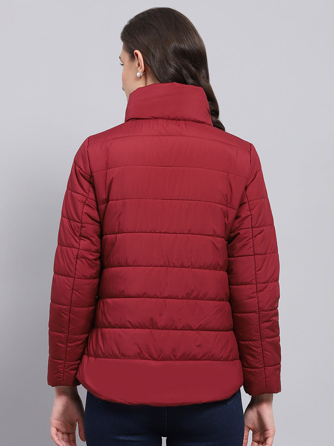 Women Maroon Solid High Neck Full Sleeve Heating Jacket