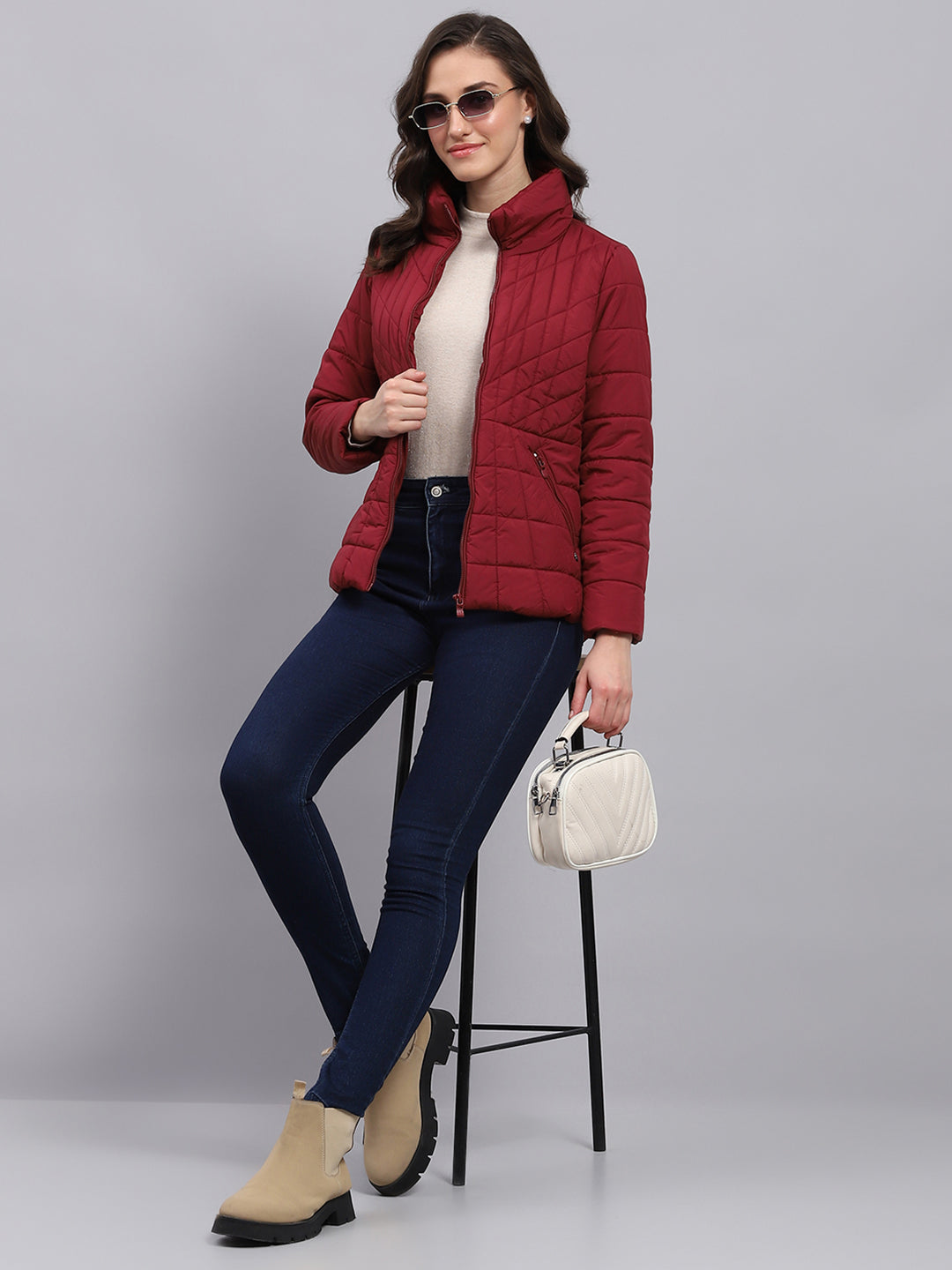 Women Maroon Solid High Neck Full Sleeve Heating Jacket