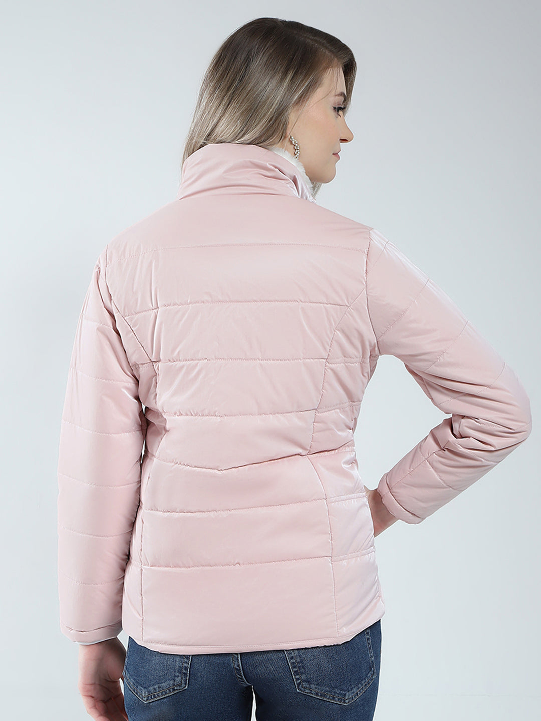 Women Pink Solid Mock Neck Full Sleeve Jacket