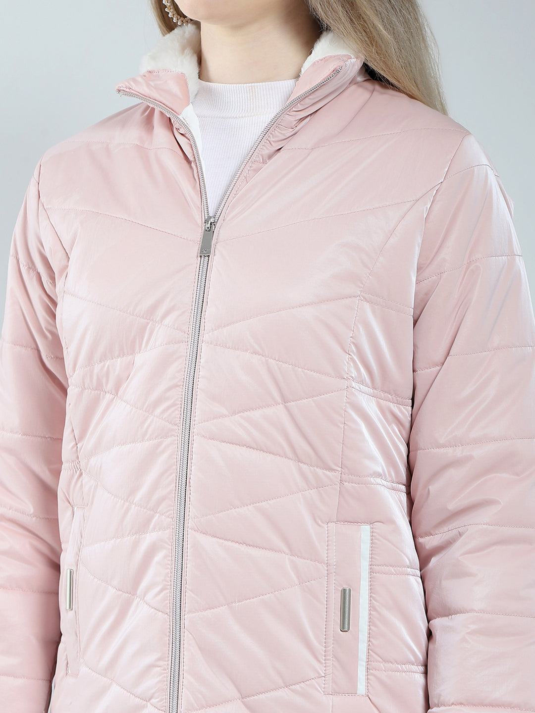 Women Pink Solid Mock Neck Full Sleeve Jacket