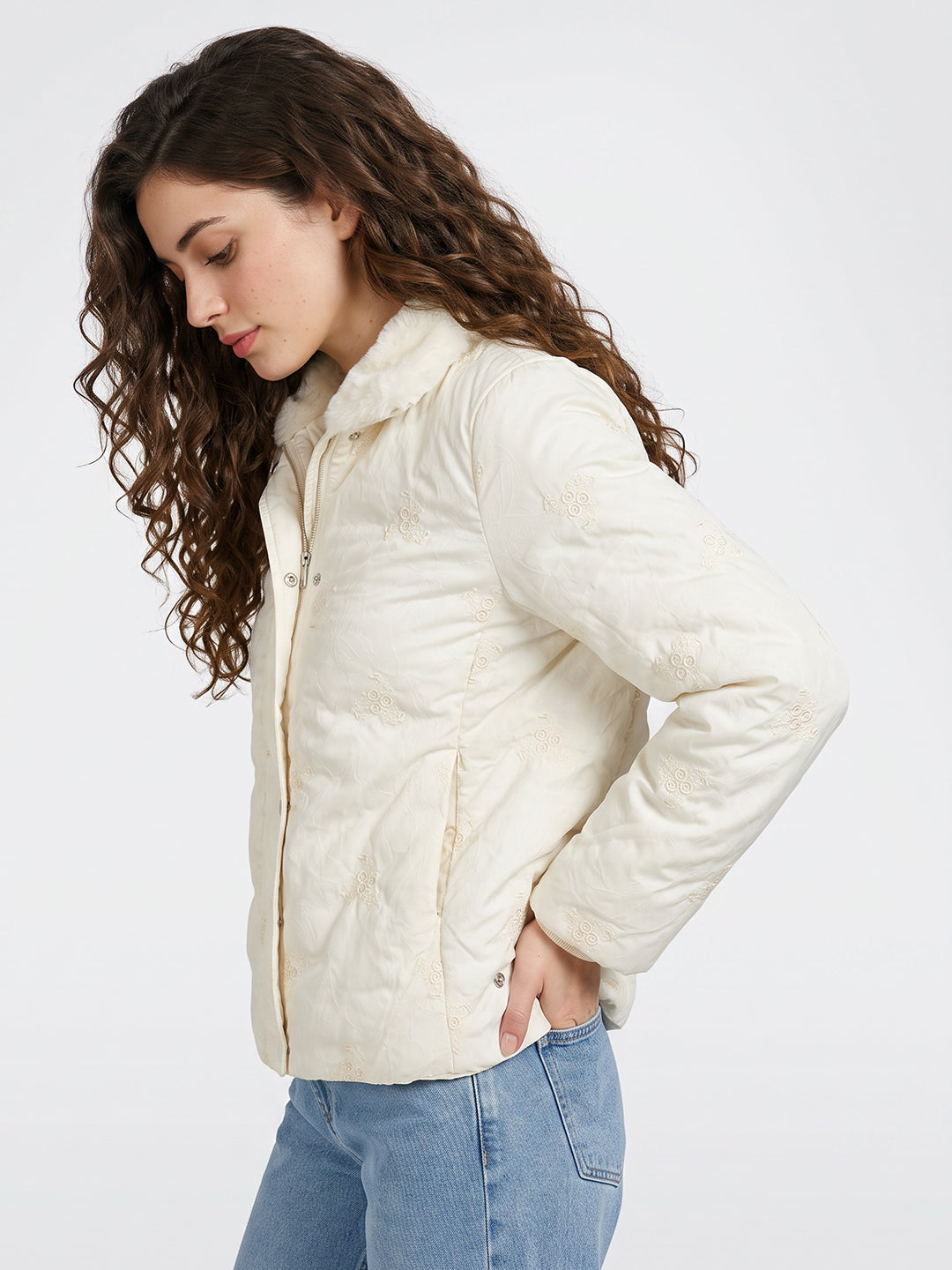 Women Off White Embroidered Stand Collar Full Sleeve Puffer Jacket