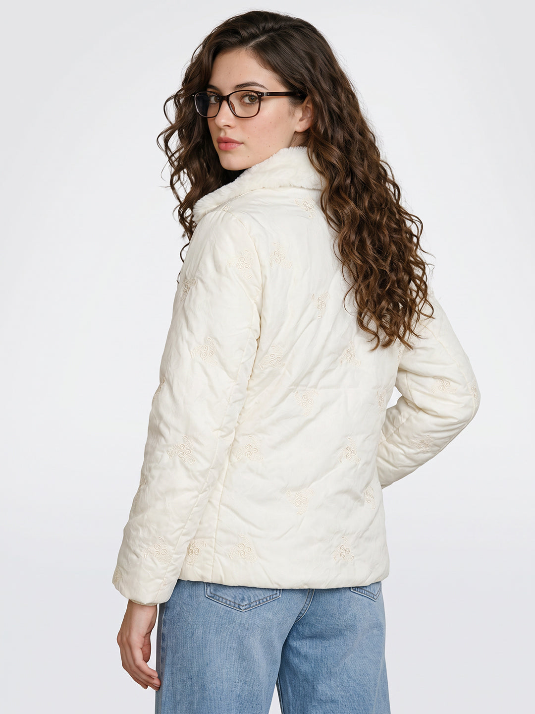 Women Off White Embroidered Stand Collar Full Sleeve Puffer Jacket