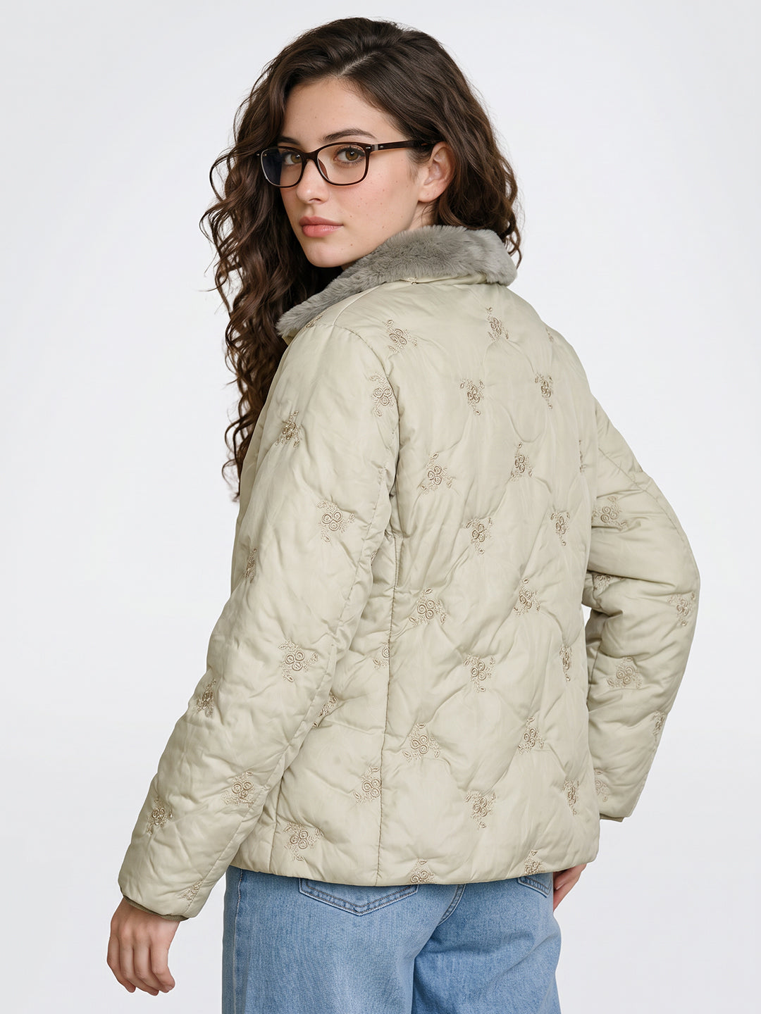 Women Green Embroidered Stand Collar Full Sleeve Puffer Jacket