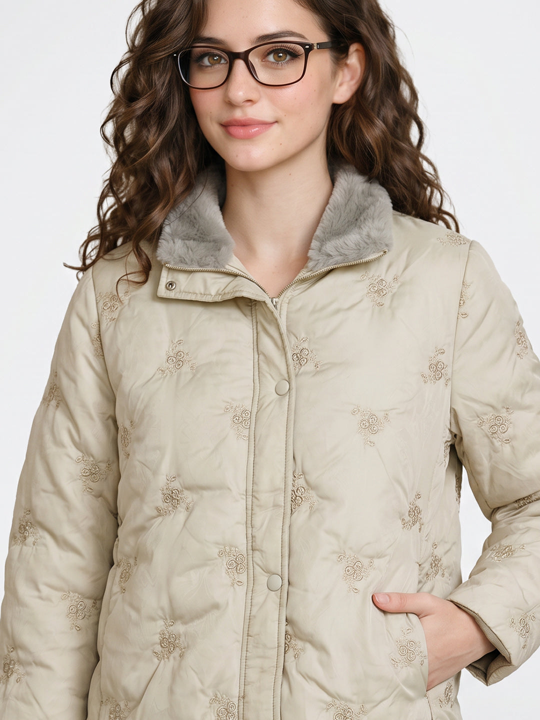 Women Green Embroidered Stand Collar Full Sleeve Puffer Jacket