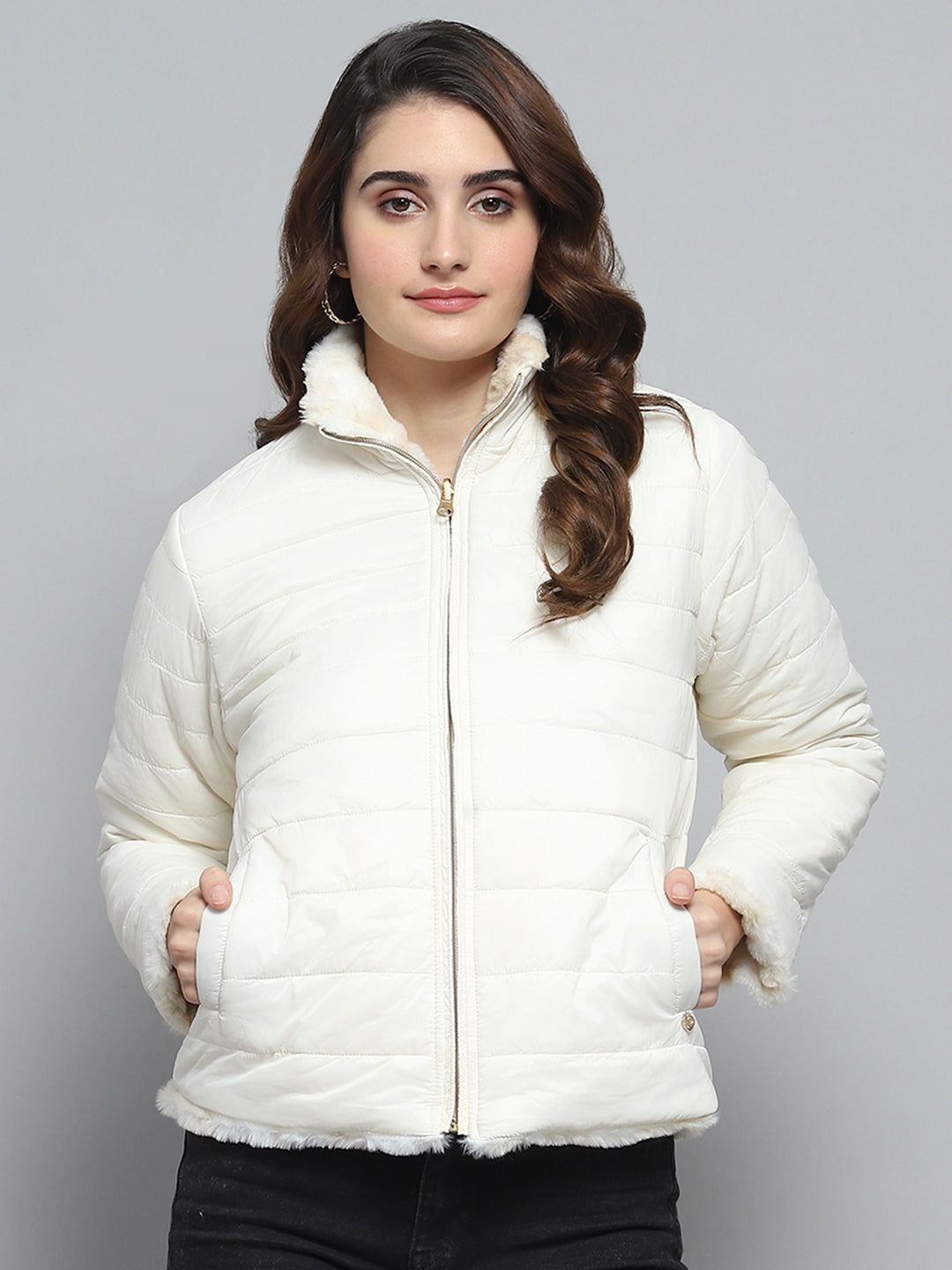 Women Beige & White Solid Mock Neck Full Sleeve Reversible Jacket