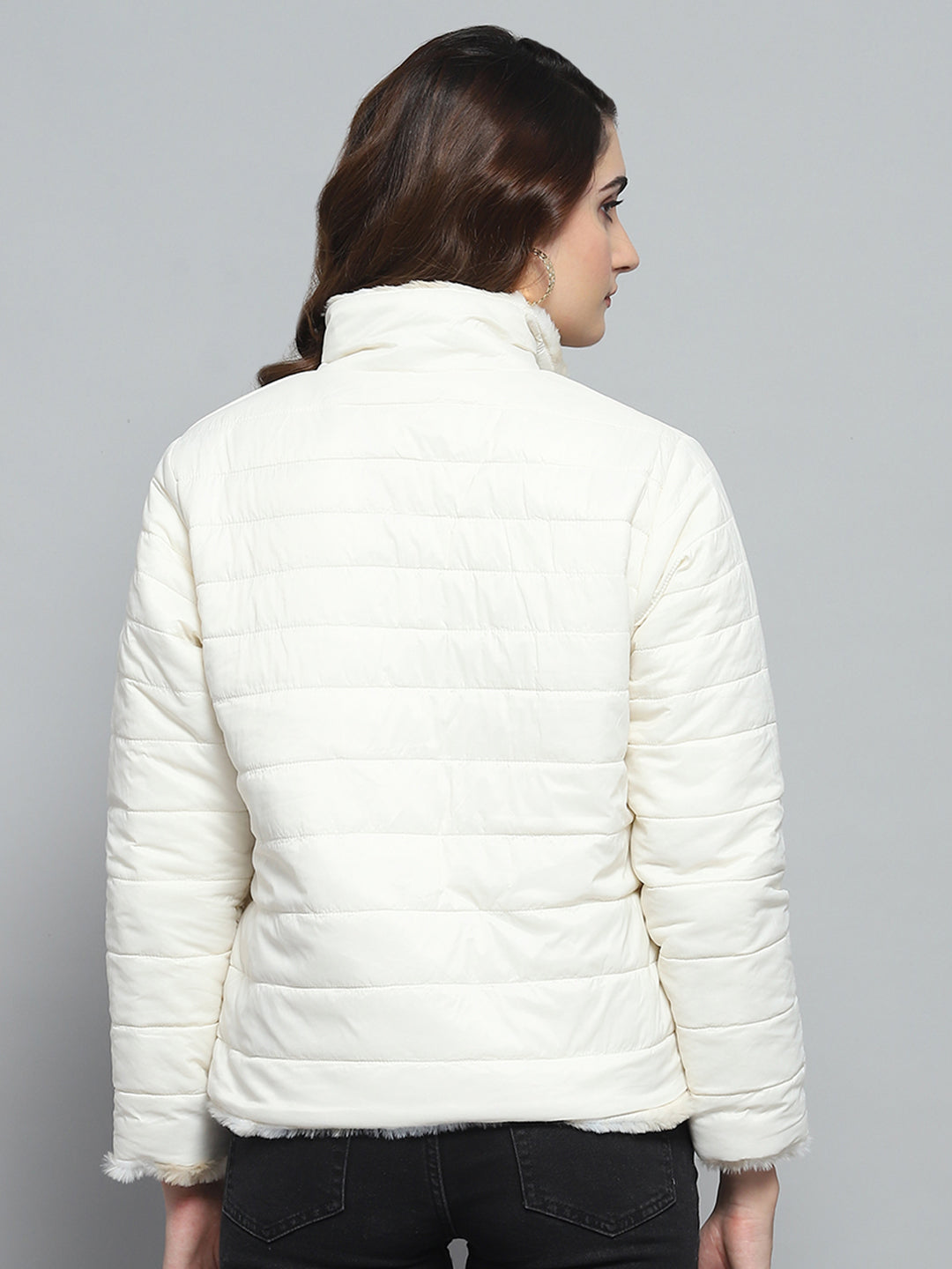 Women Beige & White Solid Mock Neck Full Sleeve Reversible Jacket