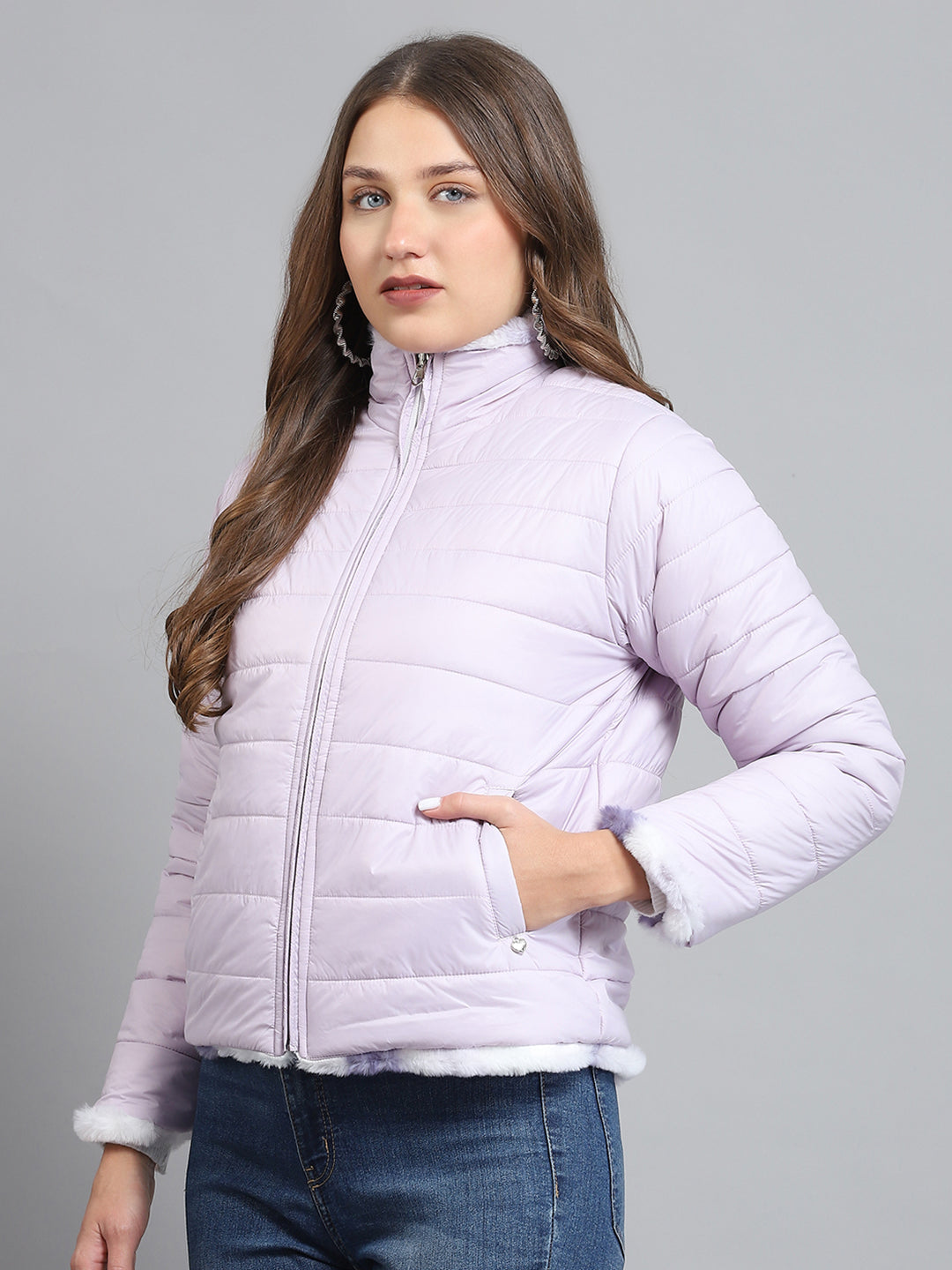 Women Purple Solid Collar Full Sleeve Reversible Jacket