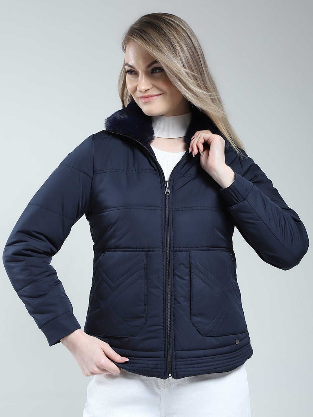 Women Navy Blue Solid Mock Neck Full Sleeve Reversible Jacket