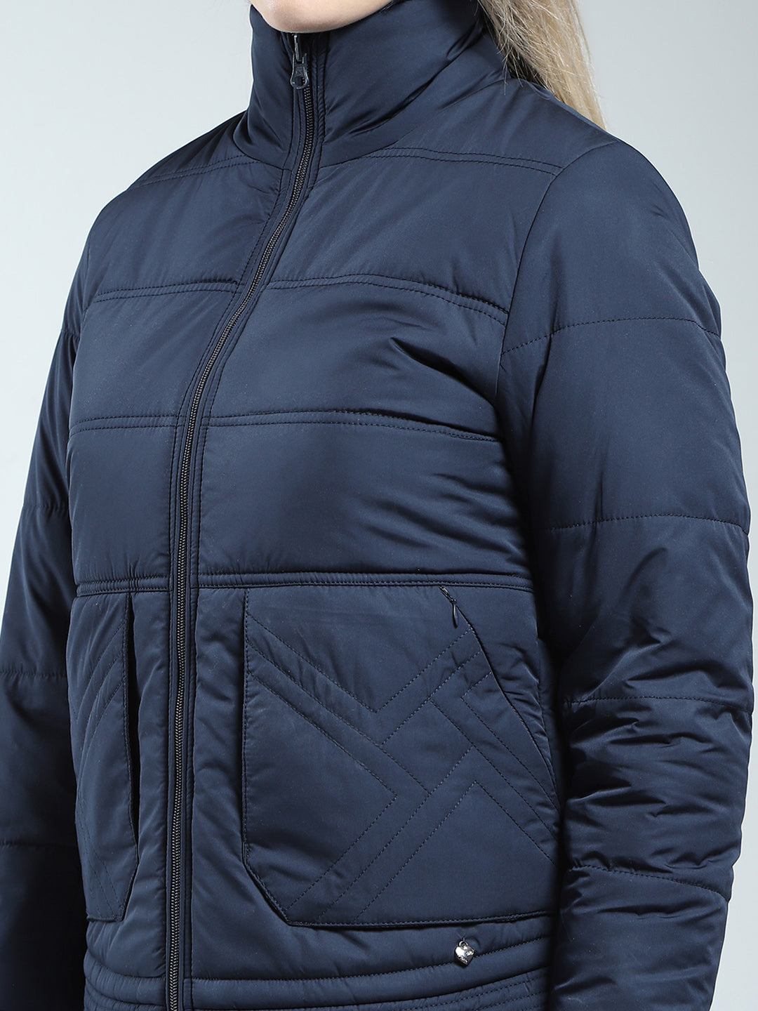 Women Navy Blue Solid Mock Neck Full Sleeve Reversible Jacket