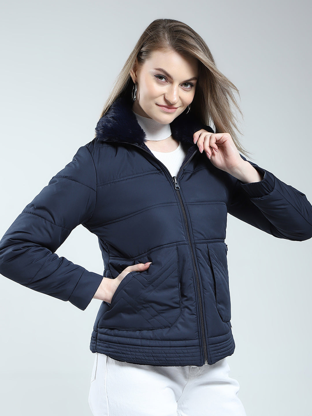 Women Navy Blue Solid Mock Neck Full Sleeve Reversible Jacket