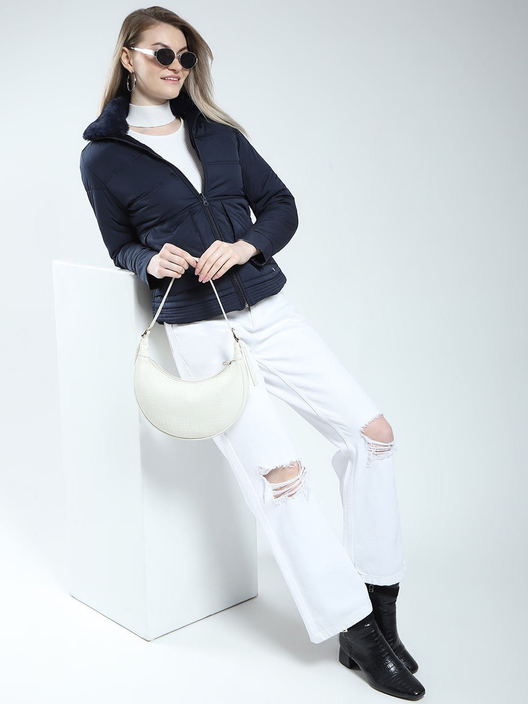 Women Navy Blue Solid Mock Neck Full Sleeve Reversible Jacket