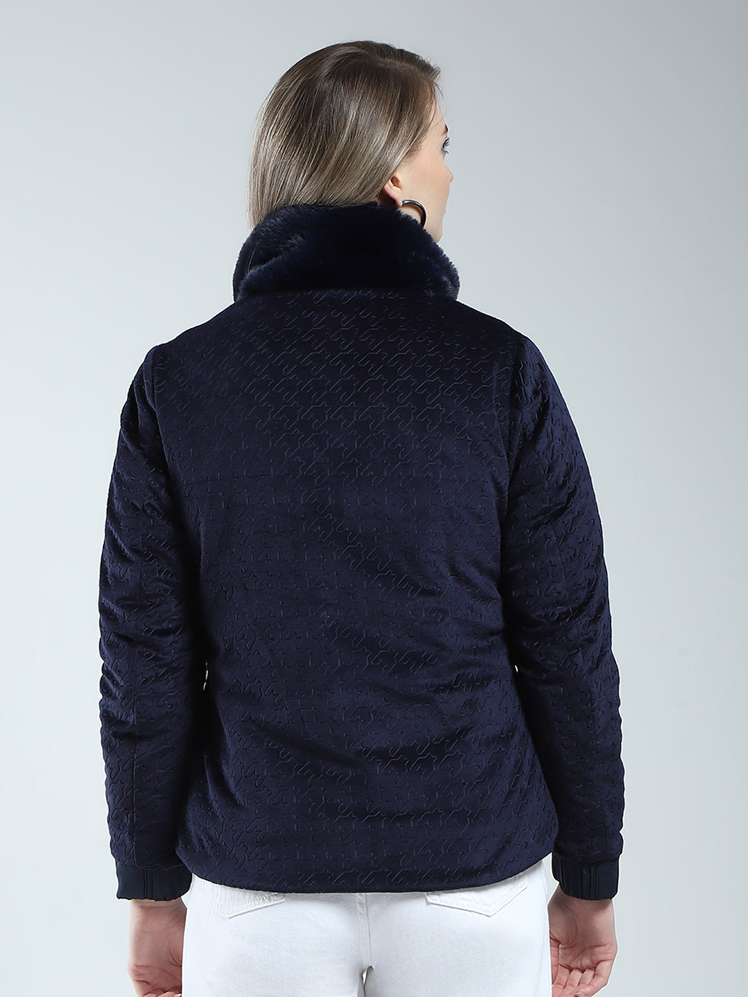 Women Navy Blue Solid Mock Neck Full Sleeve Reversible Jacket