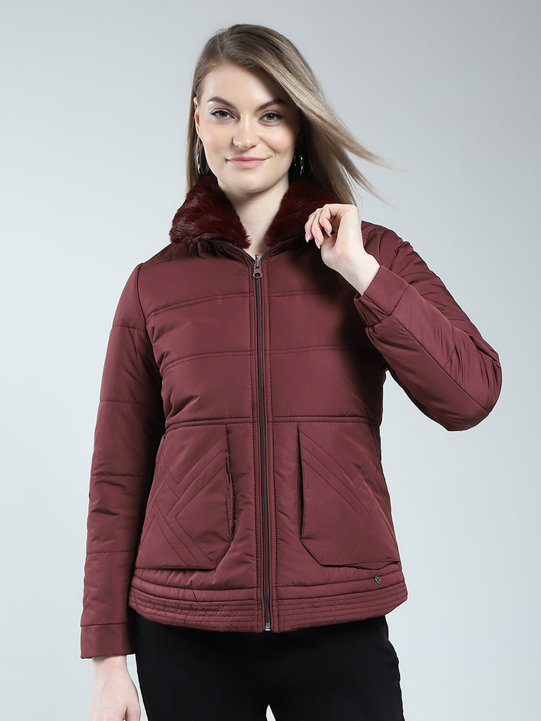 Women Maroon Solid Mock Neck Full Sleeve Reversible Jacket