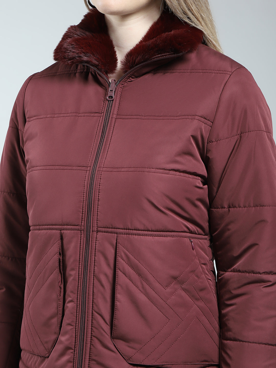 Women Maroon Solid Mock Neck Full Sleeve Reversible Jacket