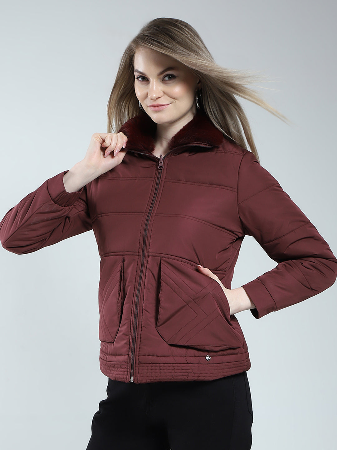 Women Maroon Solid Mock Neck Full Sleeve Reversible Jacket