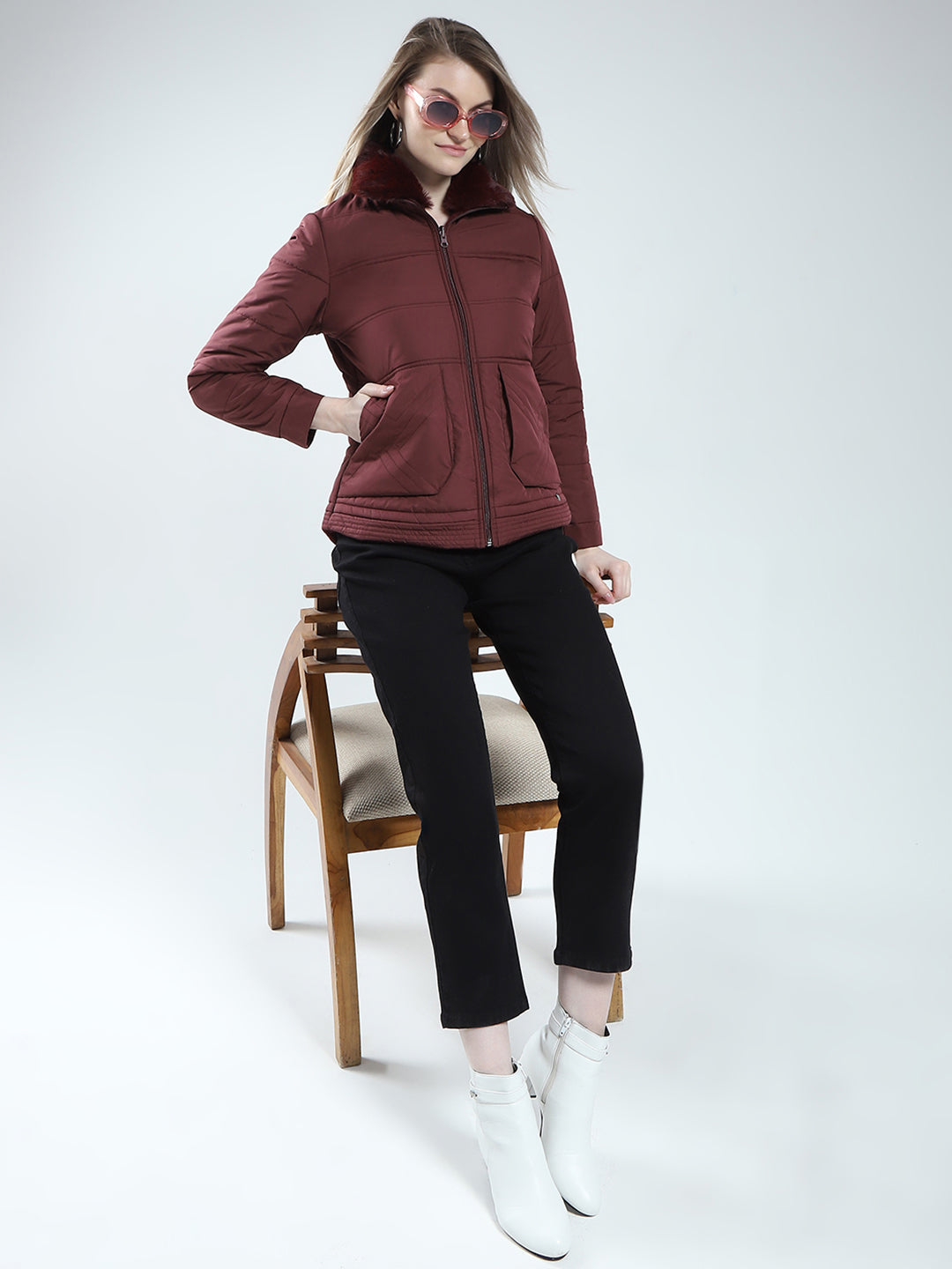 Women Maroon Solid Mock Neck Full Sleeve Reversible Jacket
