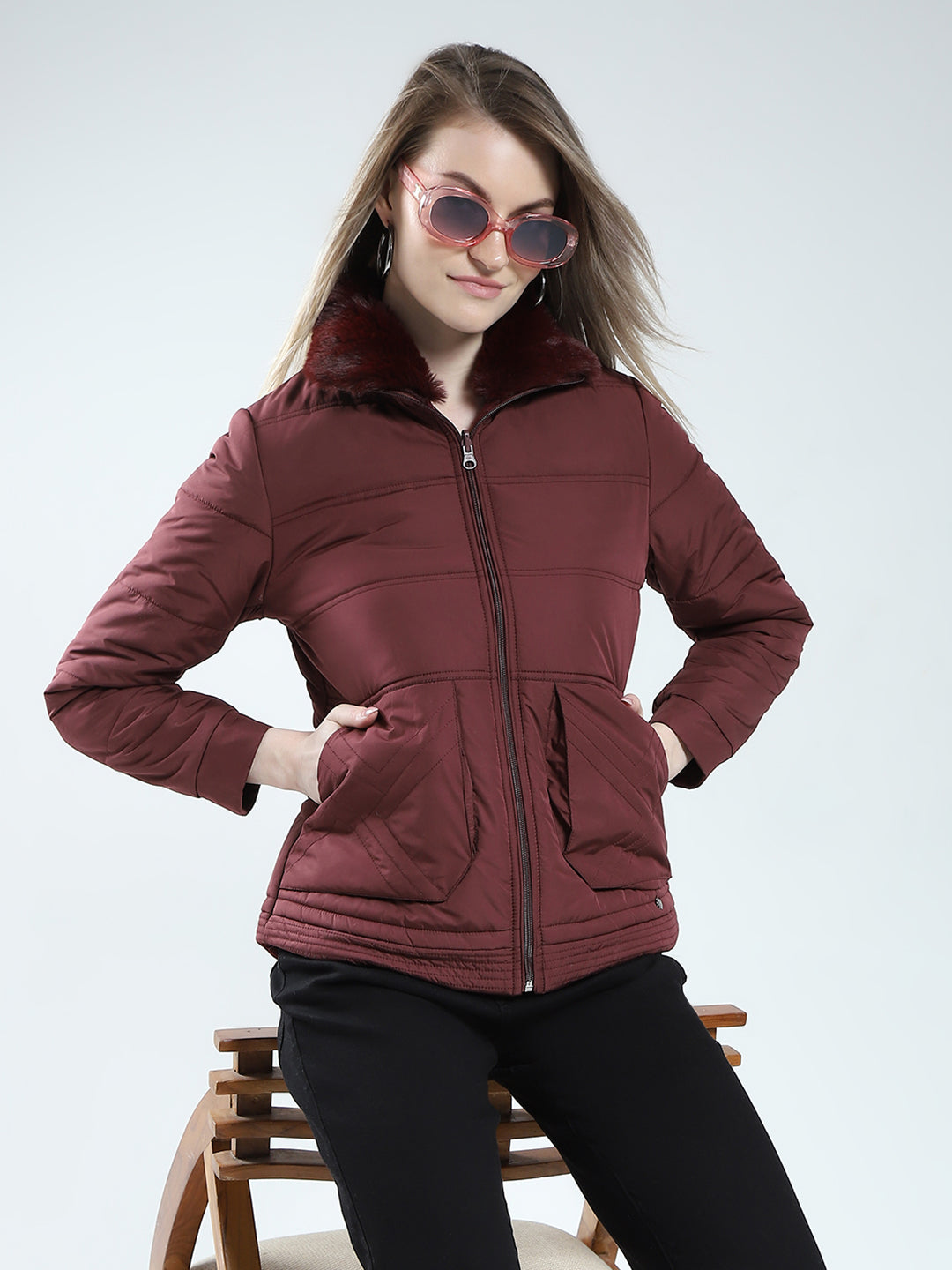 Women Maroon Solid Mock Neck Full Sleeve Reversible Jacket
