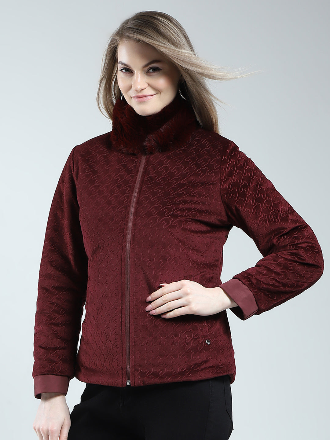 Women Maroon Solid Mock Neck Full Sleeve Reversible Jacket