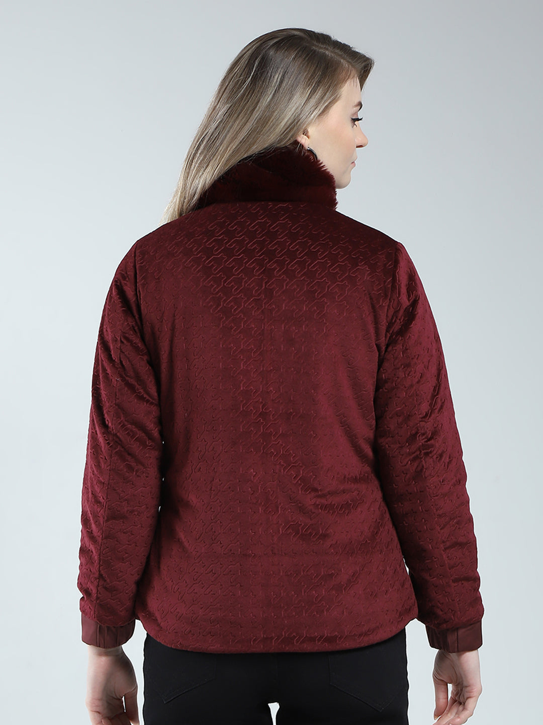 Women Maroon Solid Mock Neck Full Sleeve Reversible Jacket