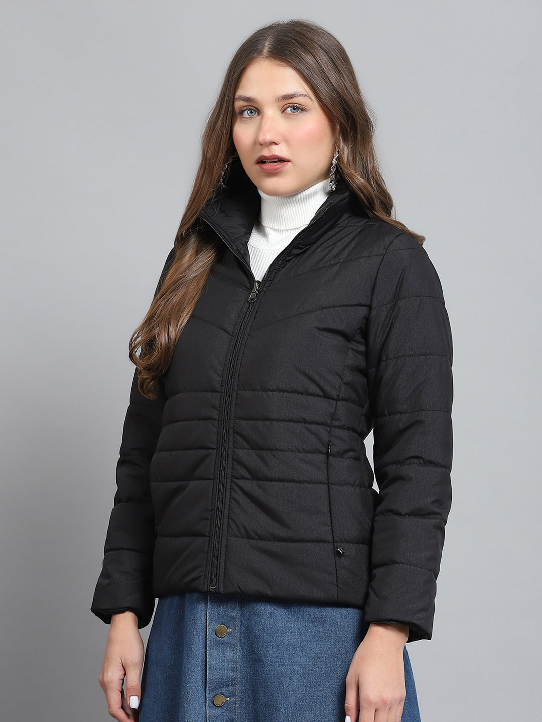 Women Black Solid Collar Full Sleeve Reversible Jacket