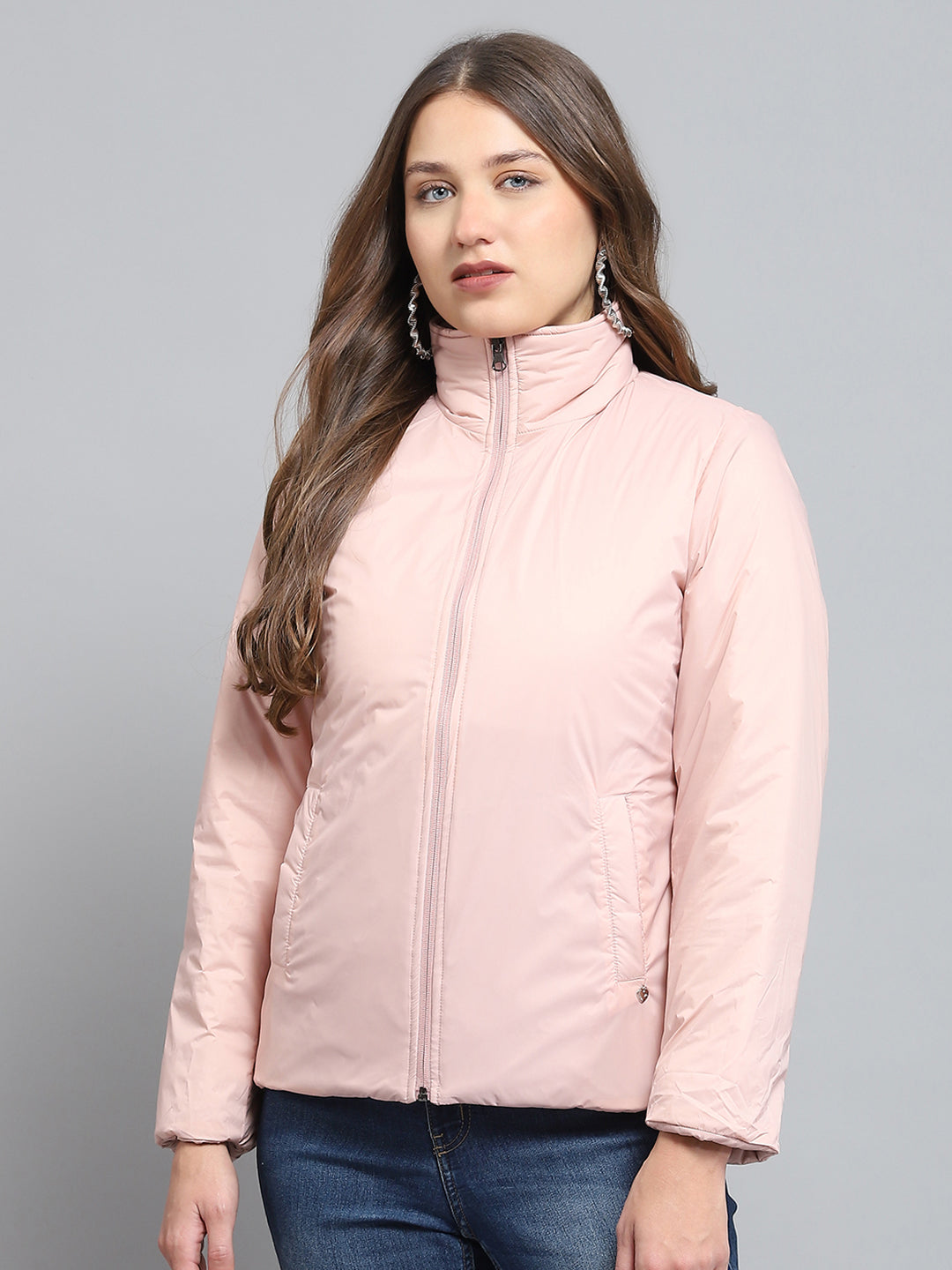Women Pink Solid Collar Full Sleeve Reversible Jacket