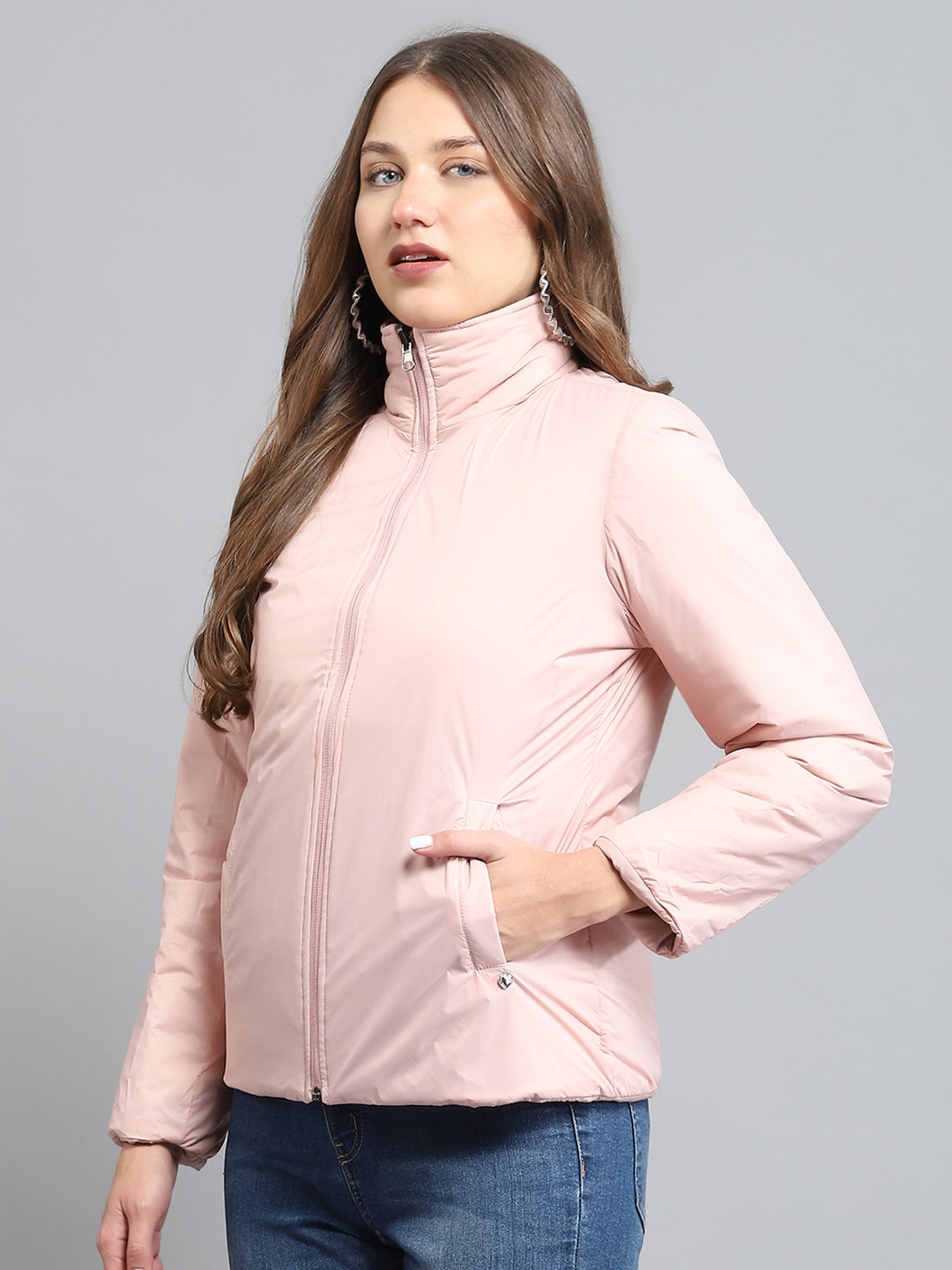 Women Pink Solid Collar Full Sleeve Reversible Jacket