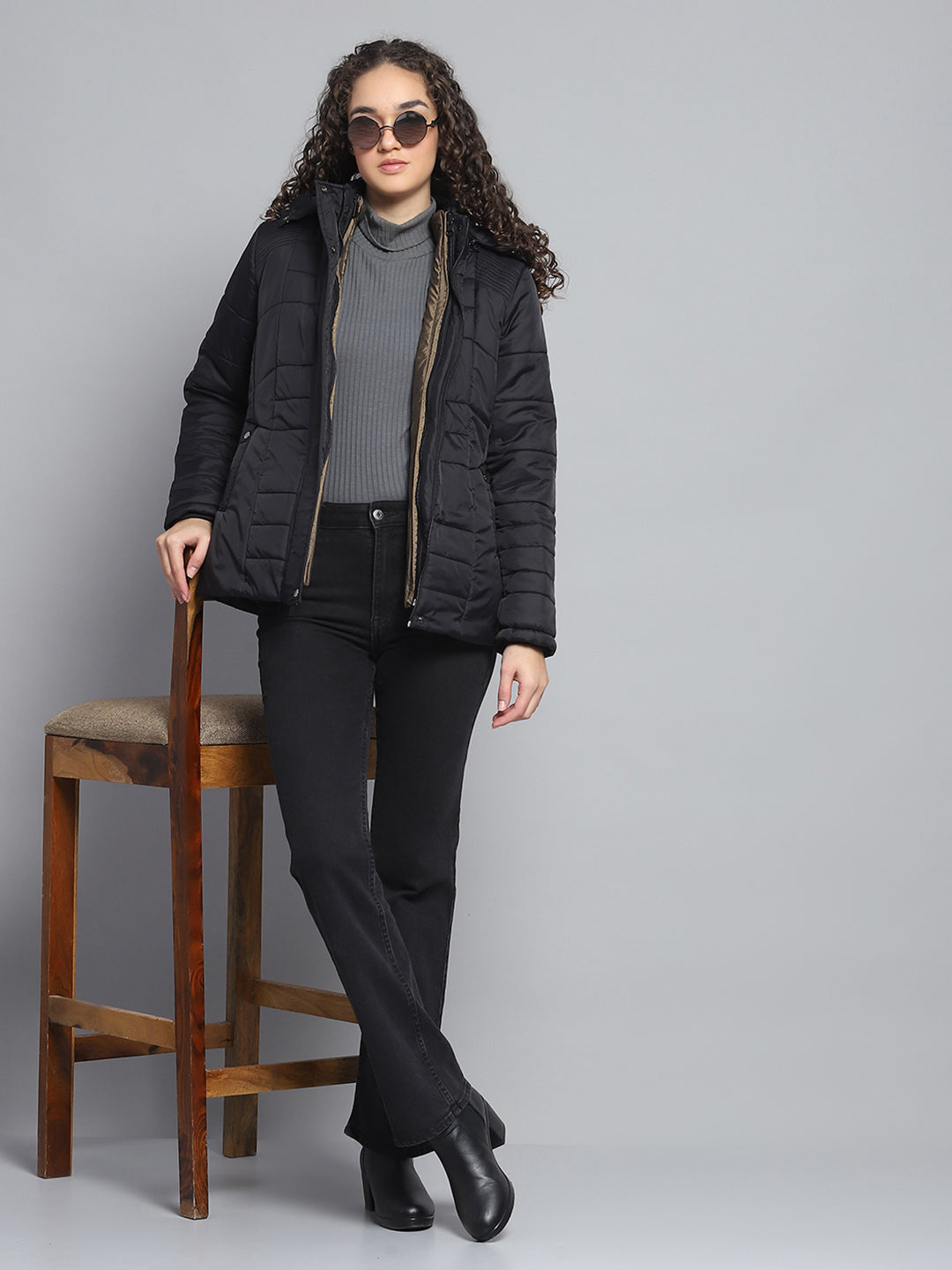 Women Black Self Design Hooded Jacket Set (1 Full & 1 Half Sleeve Reversible)