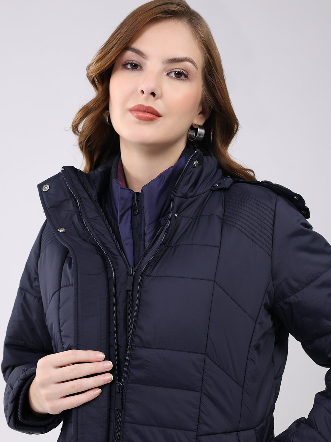 Women Navy Blue Self Design Hooded Jacket Set (1 Full & 1 Half Sleeve Reversible)