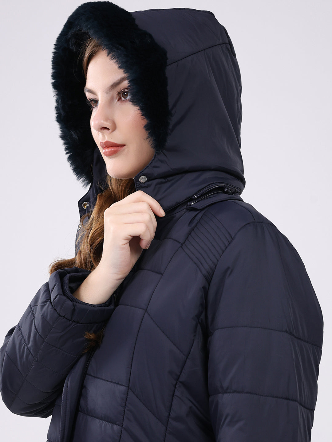 Women Navy Blue Self Design Hooded Jacket Set (1 Full & 1 Half Sleeve Reversible)
