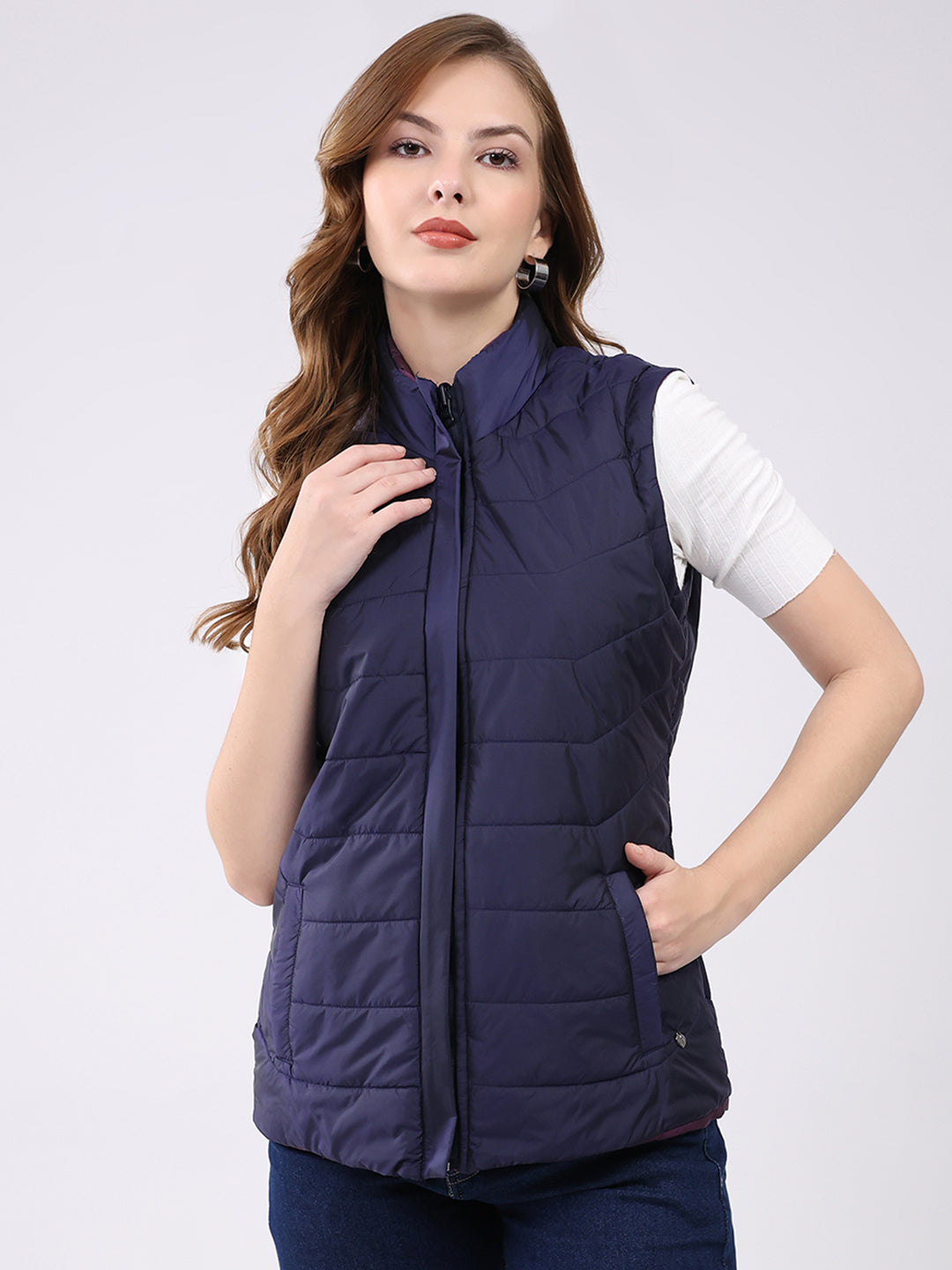 Women Navy Blue Self Design Hooded Jacket Set (1 Full & 1 Half Sleeve Reversible)