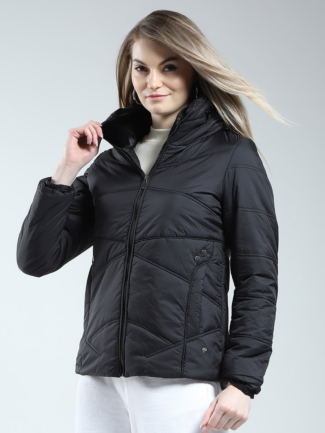 Women Black Self Design Mock Neck Full Sleeve Jacket