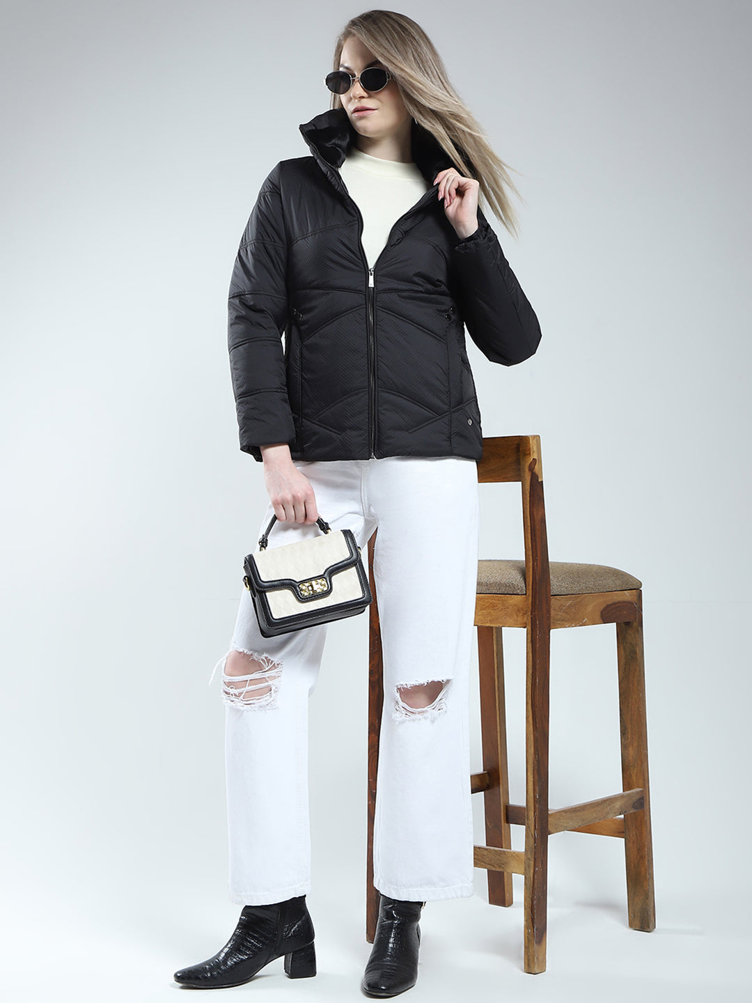 Women Black Self Design Mock Neck Full Sleeve Jacket