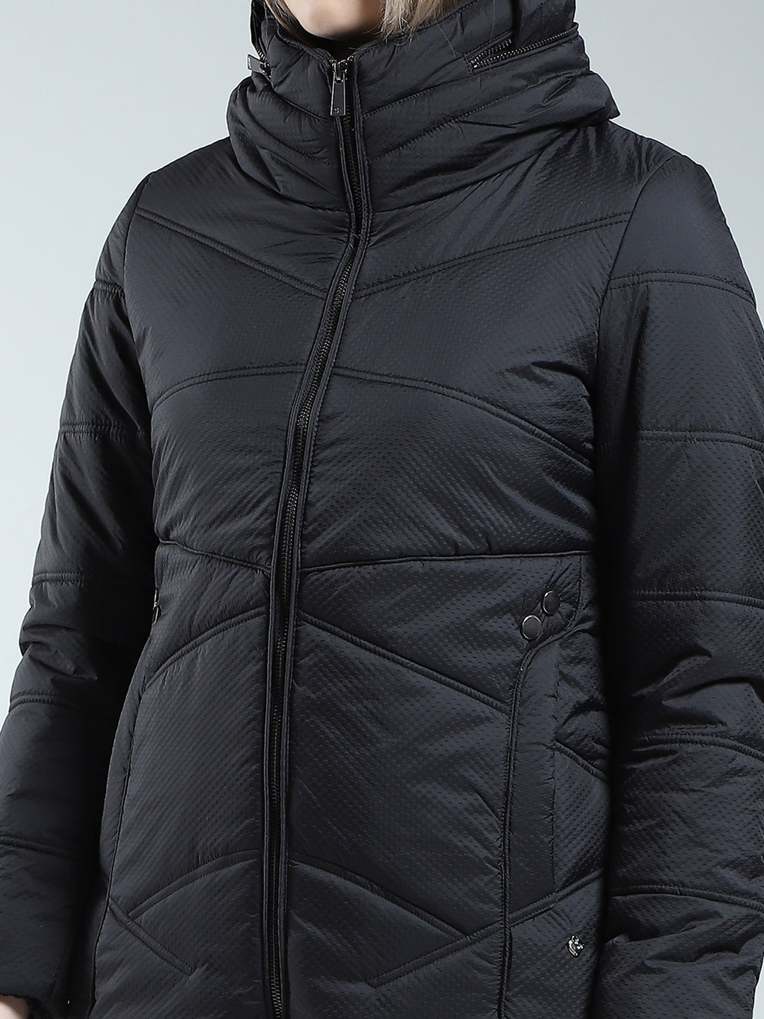 Women Black Self Design Mock Neck Full Sleeve Jacket