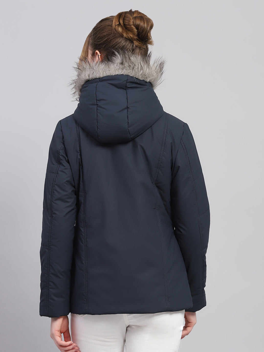 Women Navy Blue Solid Hooded Full Sleeve Jacket