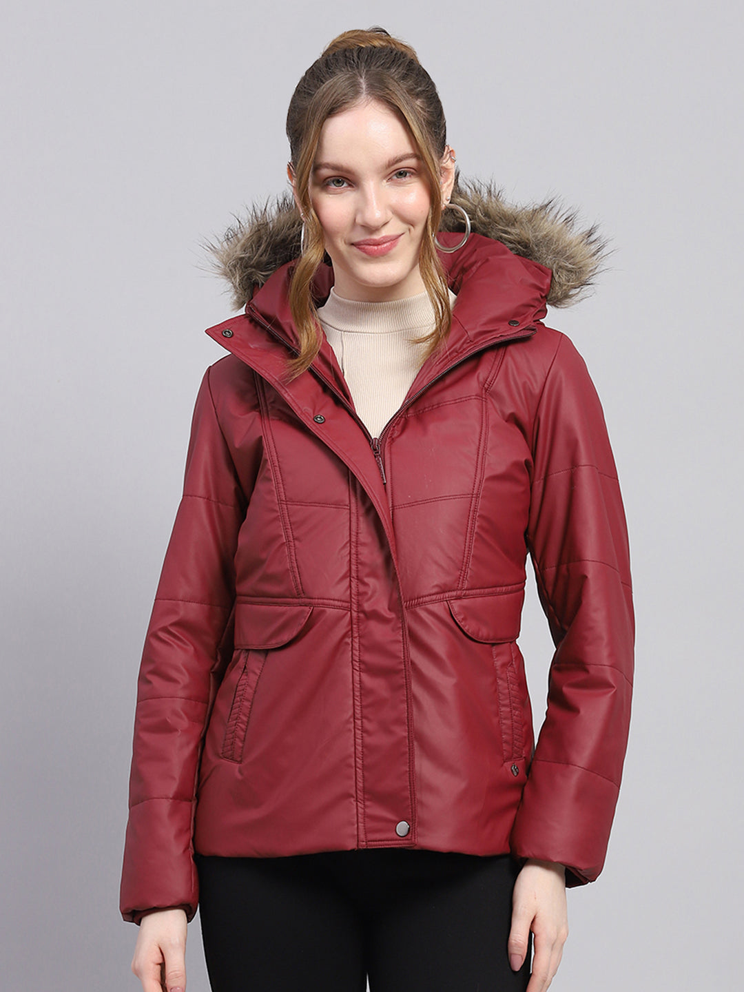 Monte Carlo Burgundy Puffer Coat Women's Red Hooded Winter