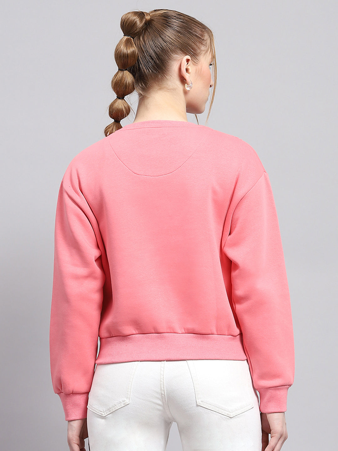 Women Pink Printed Round Neck Full Sleeve Sweatshirt