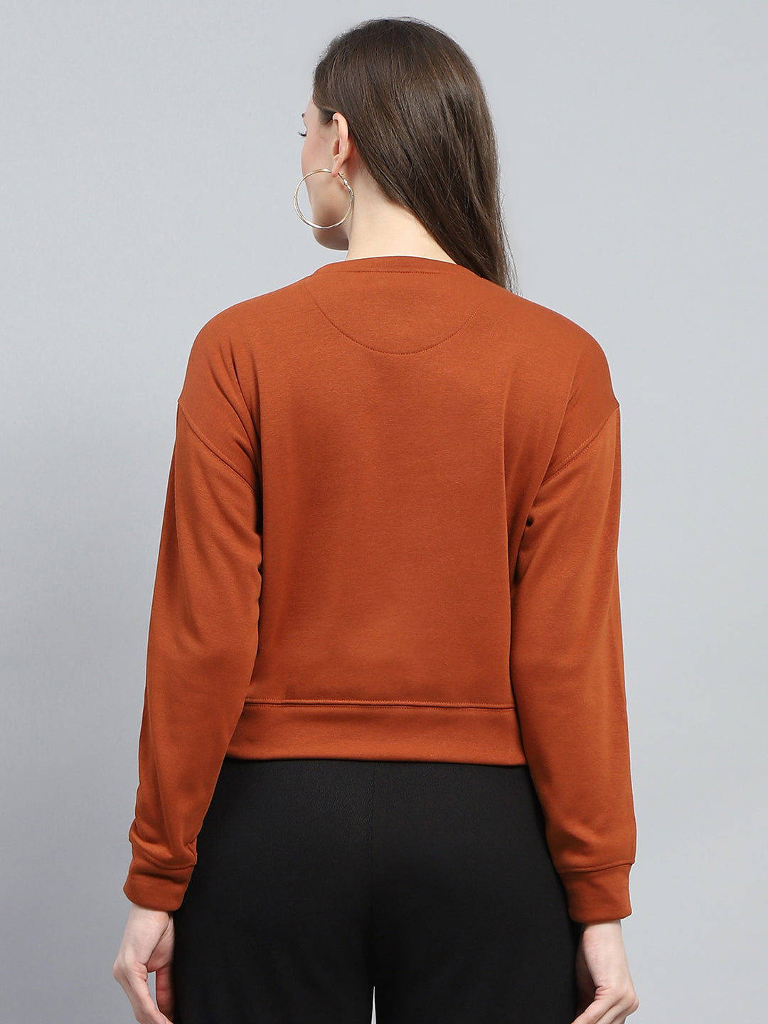 Women Rust Printed Round Neck Full Sleeve Sweatshirt