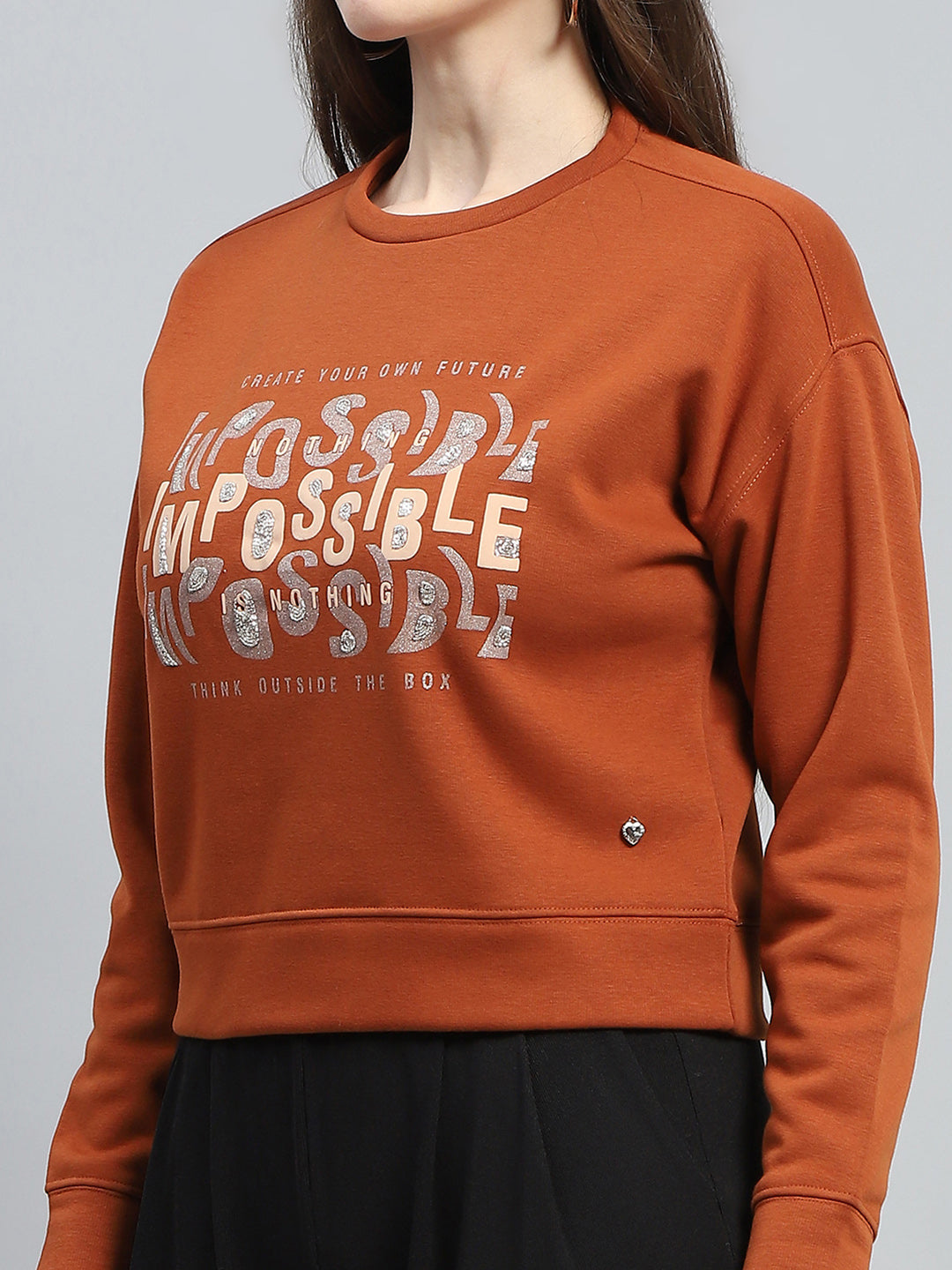 Women Rust Printed Round Neck Full Sleeve Sweatshirt